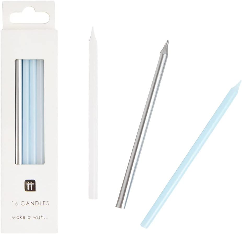 Long Thin Candles | 16pk | Blue and Silver | 10 cm