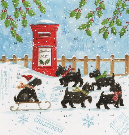 Christmas Postbox with Scottie Dogs Advent Calendar Card | 15.8x15.8cm