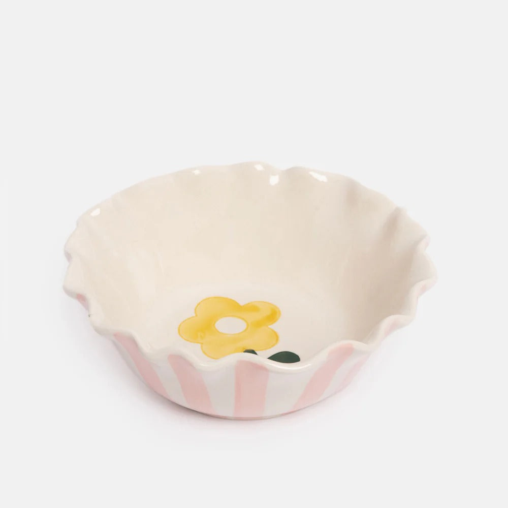 Pink Stripe Flower Scalloped Cereal Bowl