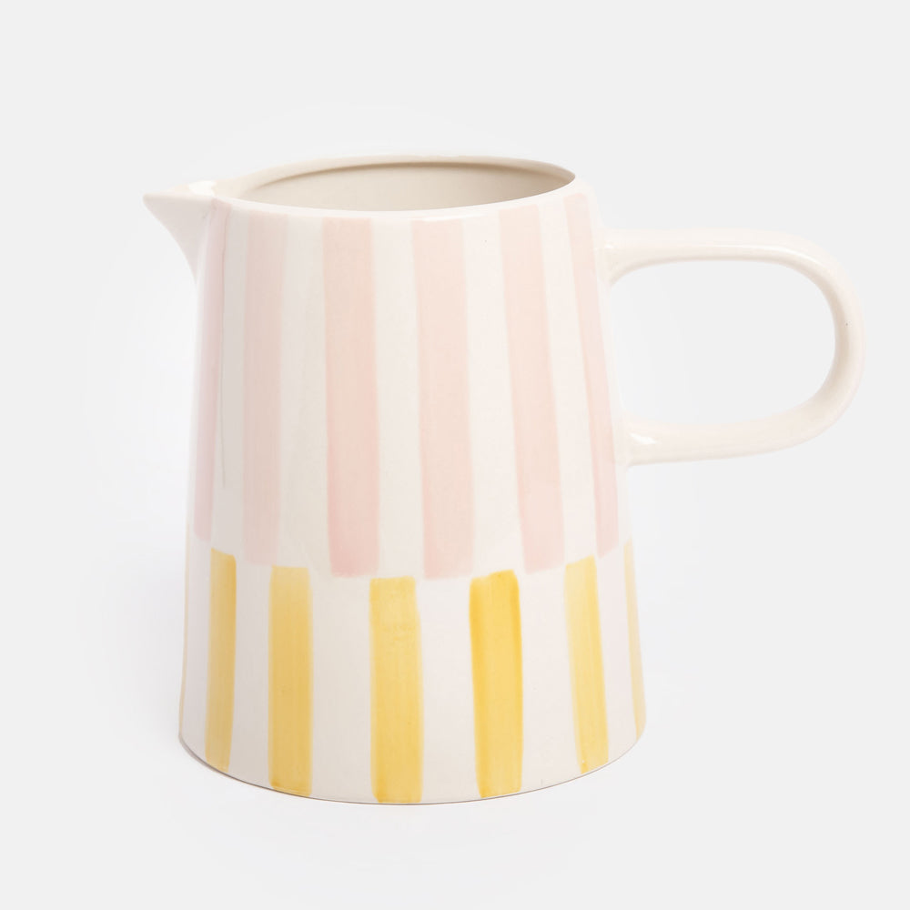 Pink and Yellow Stripe Hand Painted Stoneware Jug