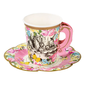 Alice in Wonderland Pink Paper Cups & Saucers Set | 12pk | 210ml