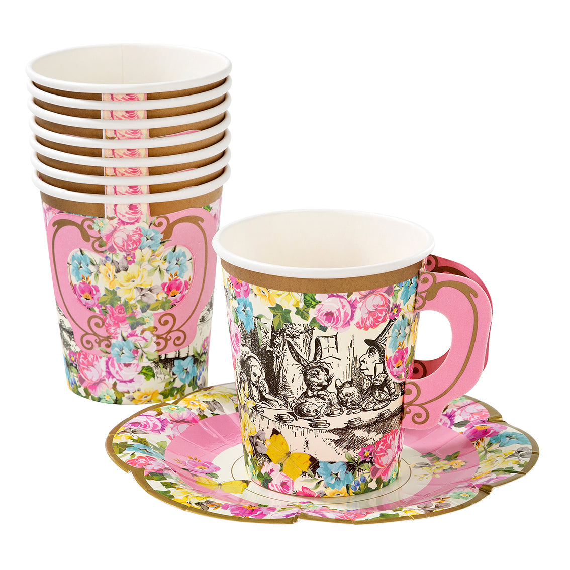 Alice in Wonderland Pink Paper Cups & Saucers Set | 12pk | 210ml