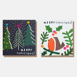 Trees on Navy & Robin in Wreath Christmas Card Pack | 8pk | 14.6x14cm